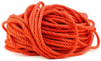 Bright orange rope coiled on white background