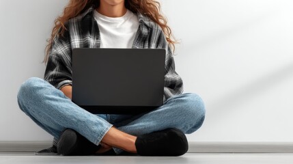 Young woman sitting cross-legged on floor using laptop wearing casual clothing indoors.