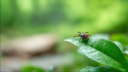 Naklejka premium Close-up of a tiny tick on a green leaf in a lush natural outdoor environment.