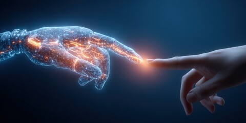 Highly detailed digital illustration of human hand touching robotic hand with glowing sparks and futuristic technology effects.