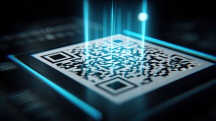 Close-up of a glowing digital QR code on a smartphone screen with futuristic light effects.