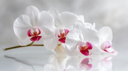 Obraz premium Beautiful white orchid flowers with pink centers arranged on a reflective surface.