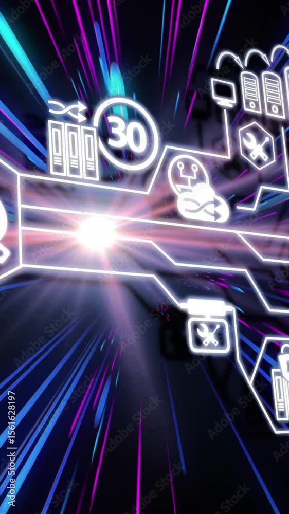 Poster animation of network of icons and data processing over light trails of data transfer