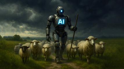 AI powered robot shepherd guides a flock of sheep along a grassy path under a dramatic cloudy sky