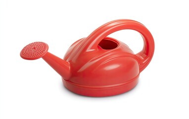 Red plastic watering can, isolated on white