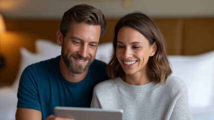 Happy couple enjoying vacation using tablet to order online
