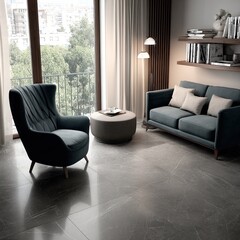 Fototapeta premium Modern living room with gray floor and dark furniture