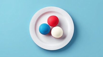 Three colorful textured balls in red blue and white on white plate with blue background.