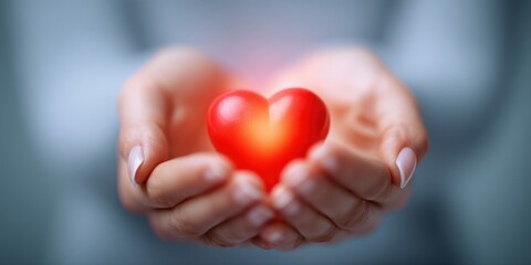 Fototapeta premium Hands Holding Glowing Heart Symbol in Soft Focus for Caring and Compassion Concept.