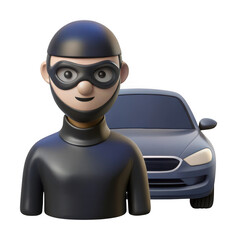 Cartoon thief with car in background isolated on transparent background