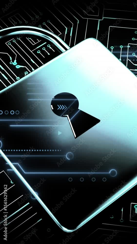 Poster animation of computer circuit board with data processing and padlock