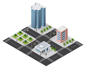 Isometric cityscape with skyscraper, buildings, roads, and green areas