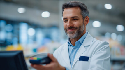 Obraz premium Pharmacy cashier scanning medicine with barcode reader in healthcare