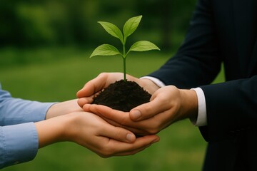 Two Pairs Hands Holding Small Green Plant Dark Soil