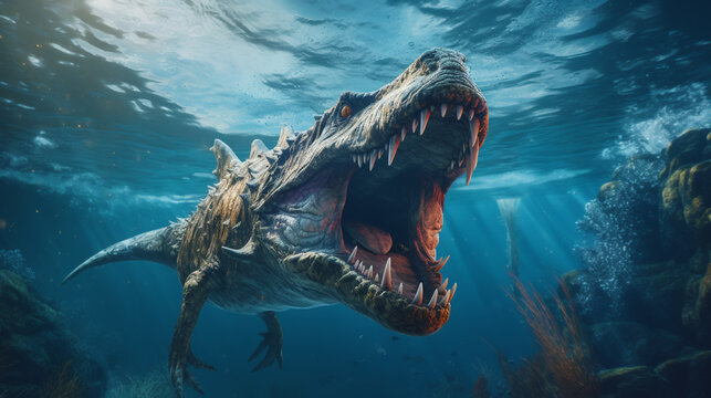 gigantic marine reptile swimming in the Cretaceous ocean, 3d paleoart rendering