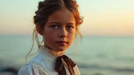 Young girl with long hair in vintage attire gazing thoughtfully by the seaside at sunset