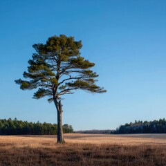 Lonely pine tree in a vast field under a clear blue sky