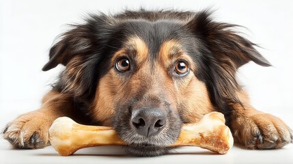 Adorable dog with brown and black fur resting its head on a large bone on a white background.