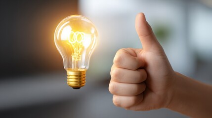 Innovative glowing light bulb with illuminated filament and human hand giving thumbs up.