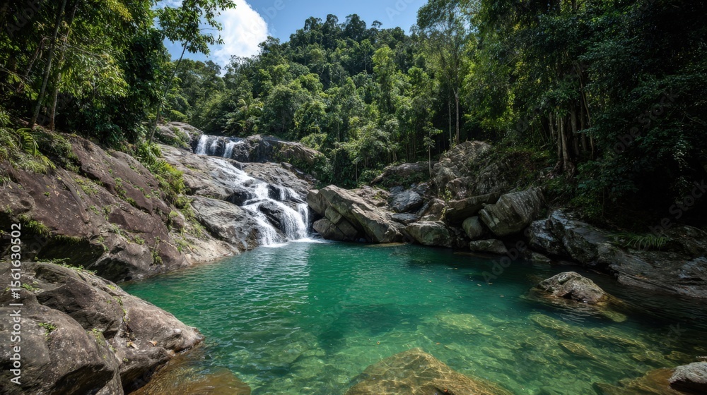 Poster tranquil stream flowing through dense forest with cascading water and rocky terrain.
