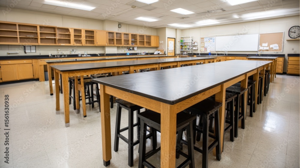 Poster Spacious empty science classroom with large black tables and lab equipment.