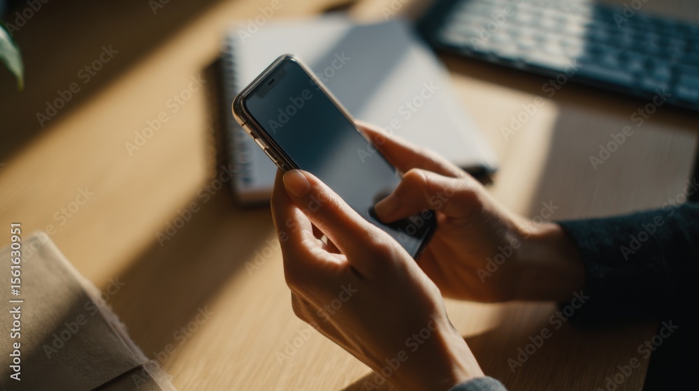 Poster Close-up of a person using a smartphone with a blurred office desk background and keyboard.