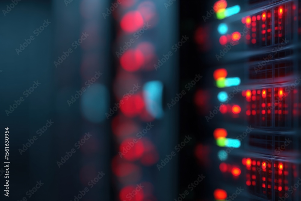 Poster High Tech Data Server Racks with Cooling System and Multicolor Indicator Lights.