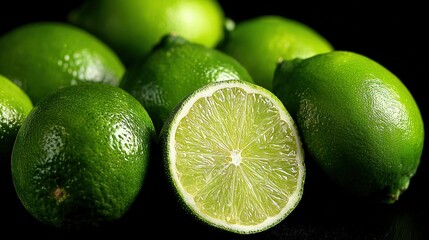 Fresh bright green limes with one sliced open revealing juicy interior on black background.