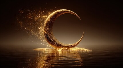 Magical glowing crescent moon surrounded by sparkling dust over serene water night scene.