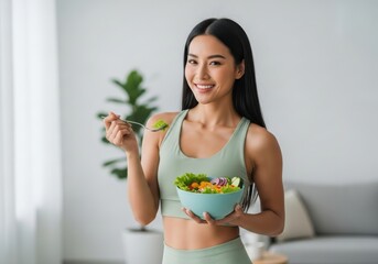 Healthy woman enjoying fresh salad in bright room