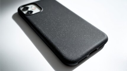 Close-up of a modern black smartphone with a textured protective case on a white surface.