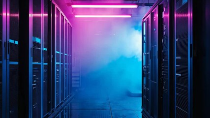 Smoke filling server room with flashing lights abstract neon background - Powered by Adobe