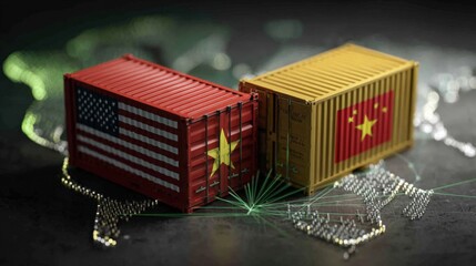 Two miniature shipping containers one with US flag and one with Chinese flag on world map.