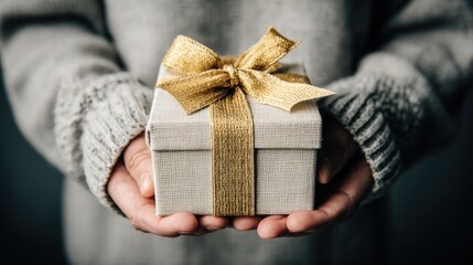 Person Holding Elegant Gift Box with Gold Ribbon and Bow in Cozy Sweater Scene.