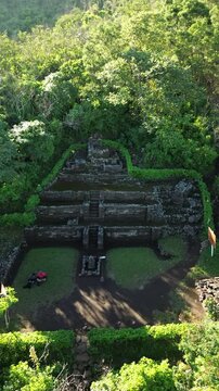 drone view  wooden bridge in the park