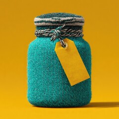 Teal knitted jar with yellow tag (1)