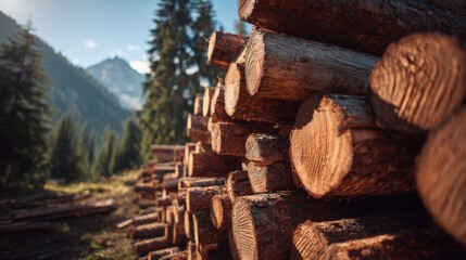 Long view of stacked timber logs in forest mountain landscape with trees and sky.