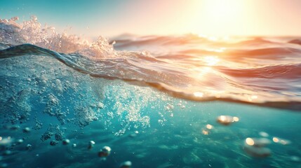 Vibrant ocean wave at sunset with sunlight shining through clear water and splashes.