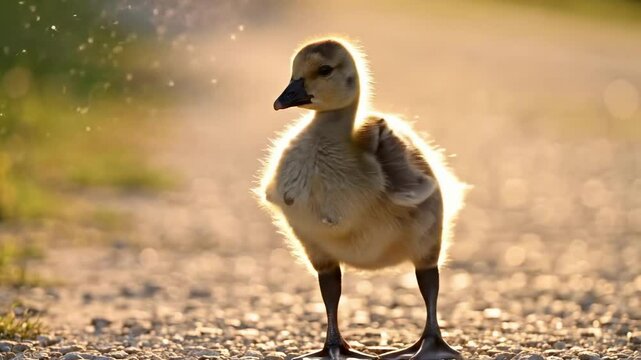 baby goose - A fluffy gosling waddles along a sunlit gravel path, surrounded by soft green grass, with a warm golden glow highlighting its feathers and a serene natural backdrop