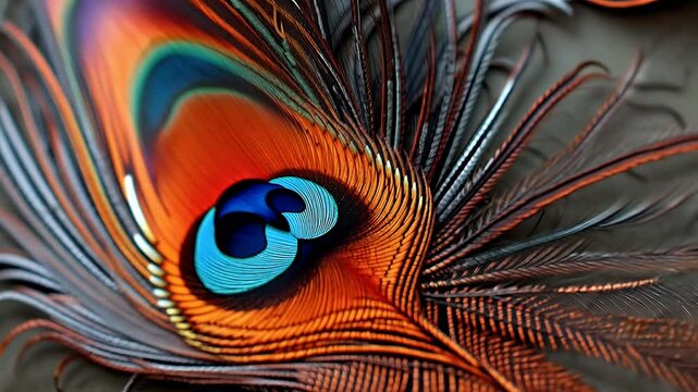 A psychedelic peacock feather, intricate patterns and vibrant orange, teal, and white, grainy and ornate.