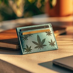 Light-blue wallet with cannabis leaves