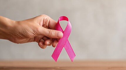 Hand holding pink ribbon symbol for breast cancer awareness against beige background.