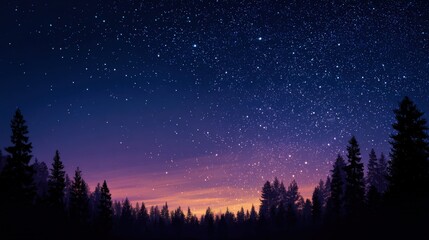 Stunning view of a starry night sky with twinkling stars above silhouette of forest trees.