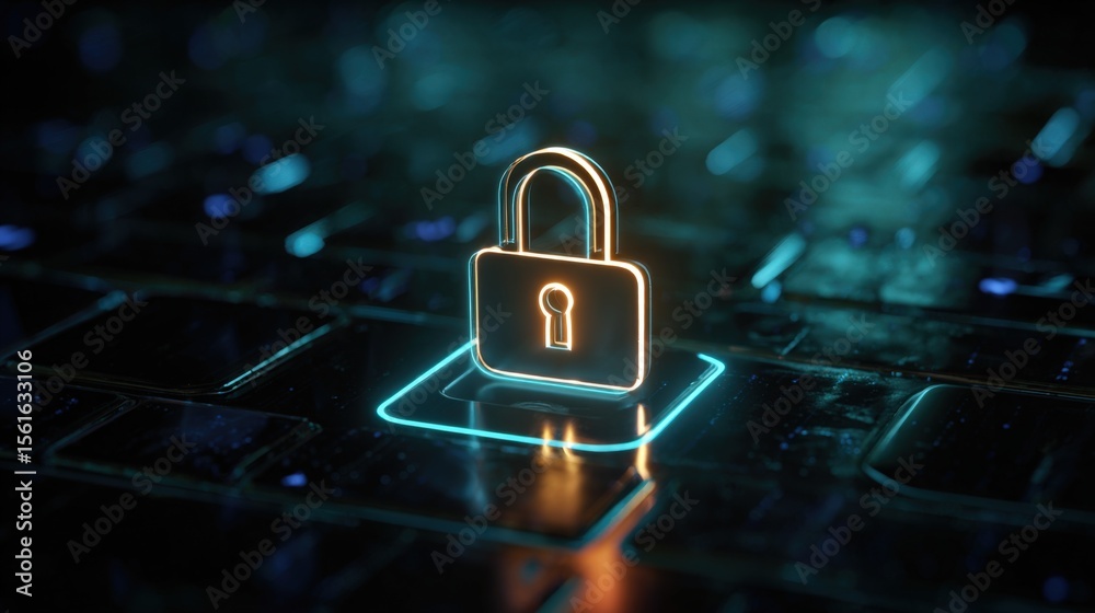 Aufkleber illuminated digital padlock icon on a reflective wet dark surface symbolizing security protection.