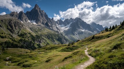 Obraz premium Majestic mountain landscape with snow-capped peaks lush green valley and scenic trail.