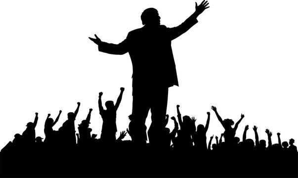 Vektor K&ouml;rper - Mann bei einer Rede vor einer jubelnden Menschenmenge - Rhetorik und Haltung - K&ouml;rpersprache - Design Element