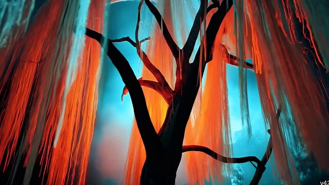 A psychedelic image of a weeping willow tree, with branches dripping with glowing sap in orange, teal, and white, grainy and melancholic.