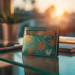 A teal wallet with a cannabis leaf design