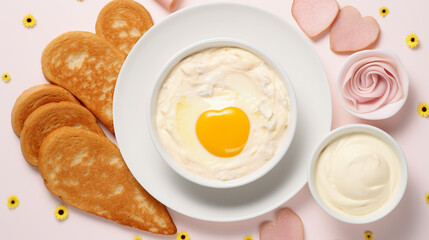 Valentine's day breakfast concept. Sandwich with croissant, bagel, cream cheese and fried eggs hearts on a white plate.
