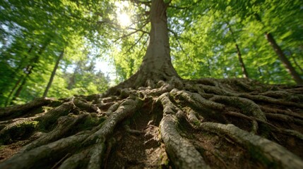 Obraz premium Large Tree with Extensive Roots Growing in a Dense Forest with Canopy of Green Leaves.
